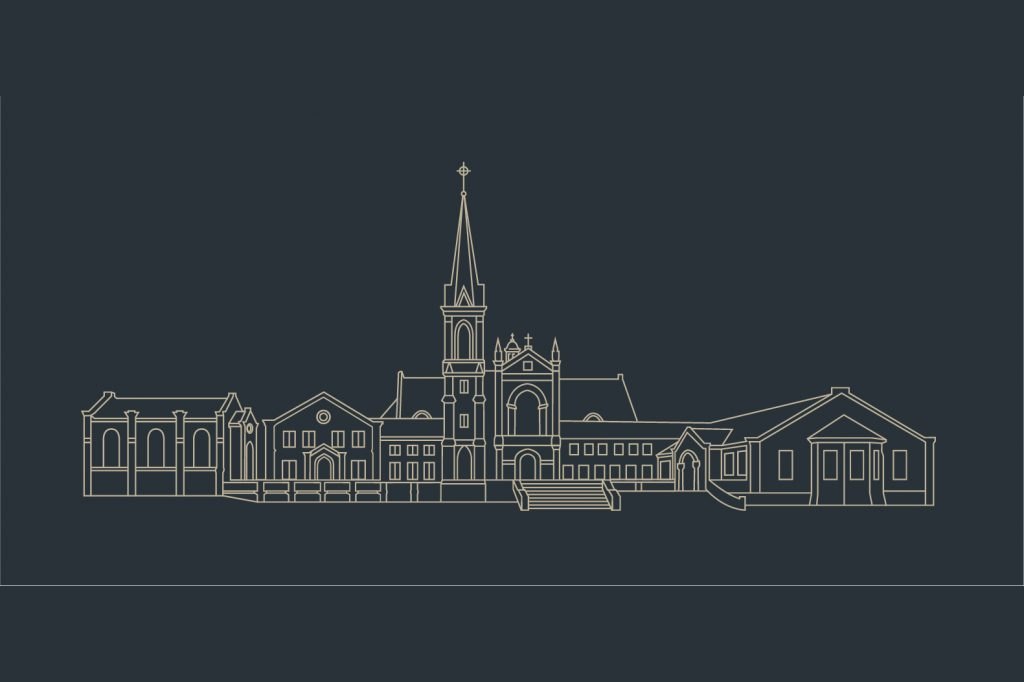 Line illustration of the Christ Church campus in Moscow, Idaho
